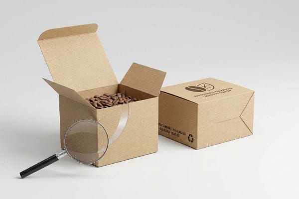 Aqueous Coated Coffee Boxes Kraft paper coffee packaging, one box open with roasted beans, another displaying 'Sustainable Packaging' and 'Aqueous Coated' text.