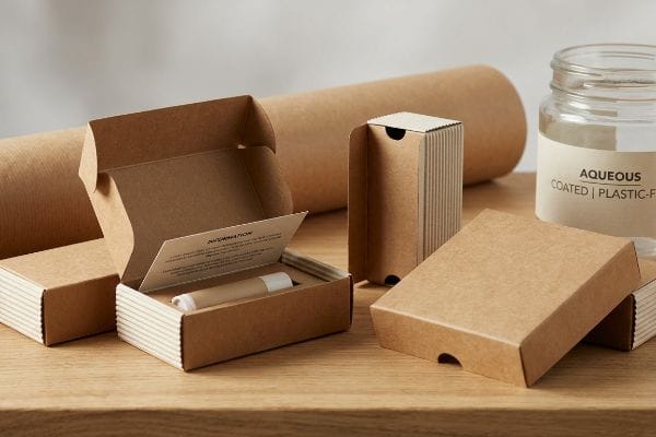 Sustainable lip balm packaging: open corrugated box with lip balm, 'Information' card, kraft boxes, 'Aqueous Coated | Plastic-Free' glass jar.