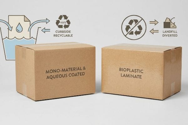 Corrugated boxes: 'Mono-Material & Aqueous Coated' is 100% curbside recyclable, while 'Bioplastic Laminate' is landfill diverted.