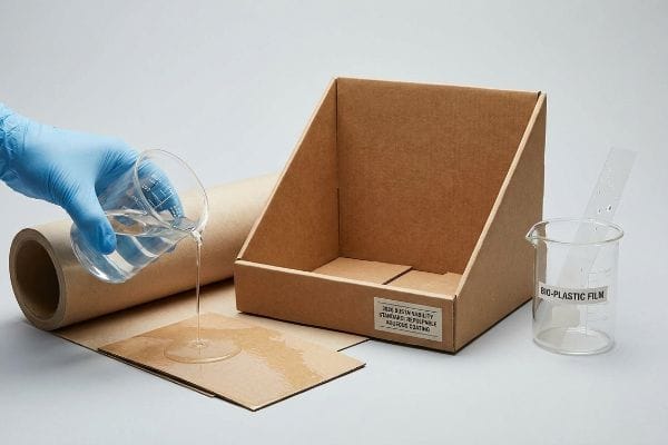 クラフト紙に透明な水性コーティング剤を手作業で注ぎ込み、100％リサイクル可能な再生可能な水性コーティング剤とバイオプラスチックフィルムとの比較を実演する。.