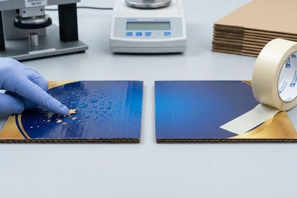 Blue and gold corrugated cardboard with water droplets and flaking aqueous coating, showing surface peeling from oil-based ink adhesion failure, a gloved hand points to the damage, with a Surface Meter nearby.