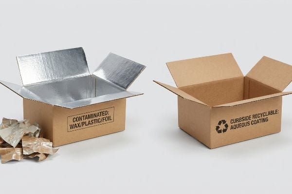 Recyclable Box Comparison Contrasting cardboard boxes: one 'Contaminated: Wax/Plastic/Foil' with a metallic liner, the other 'Curbside Recyclable: Aqueous Coating'.
