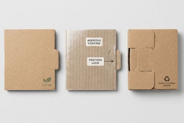 Brown corrugated packaging showcasing Soy Ink, Aqueous Coating, and a Friction Lock, highlighting its Mono-Material Design.