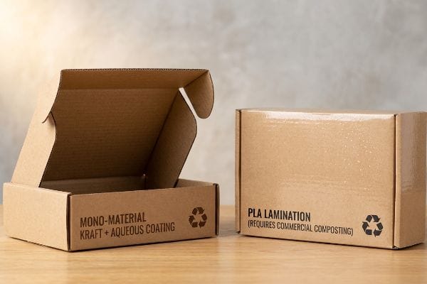 Wasser vs. PLA-Verpackung Naturbraune Kraftkartons, einer mit der Aufschrift „Mono-Material Kraft + Wasserbeschichtung“ und der andere mit der Aufschrift „Pla-Laminierung (erfordert gewerbliche Kompostierung)“, beide mit Recycling-Symbolen.