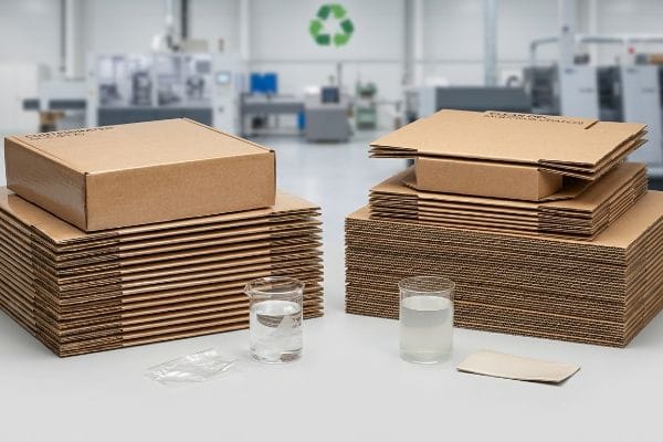 Cardboard Repulpability Testing Brown Custom Paper Coated and Clean Coat Paper boxes, flat-packed, with beakers, plastic film, and a paper sample, demonstrating repulpability testing.