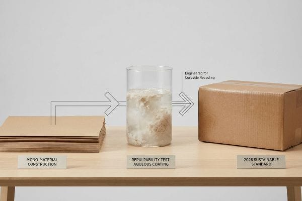 El papel de construcción monomaterial se somete a una prueba de repulpabilidad: recubrimiento acuoso, lo que da como resultado una caja de cartón diseñada para el reciclaje en la acera, que cumple con el estándar de sostenibilidad de 2026.
