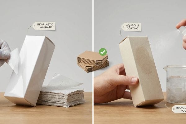 A split image contrasts Bio-Plastic Laminate being peeled from a white box with a hand spraying Aqueous Coating on a kraft box, alongside stacks of repulpable material and Recycled Pulp.