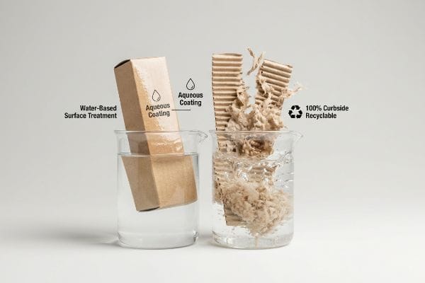 水性コーティングを施した茶色の段ボール包装は、水性表面処理と、2つのビーカー内で100％路側リサイクル可能な再生パルプ化能力を実証している。.