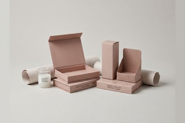Emballages cosmétiques recyclables Échantillons d'emballages cosmétiques roses : boîte rigide « revêtement aqueux doux au toucher recyclable », étui pliant « lamination thermique non recyclable », présentoir en carton ondulé, avec une solution de revêtement aqueux.
