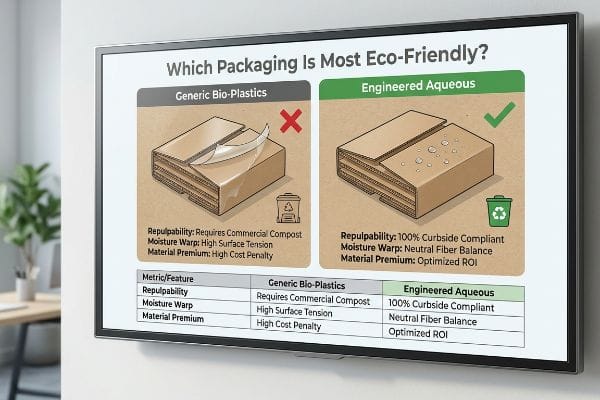 A screen displays a comparison chart contrasting Generic Bio-Plastics with a peeling film and a red X, against Engineered Aqueous packaging with water droplets and a green checkmark, detailing repulpability, moisture warp, and material premium.