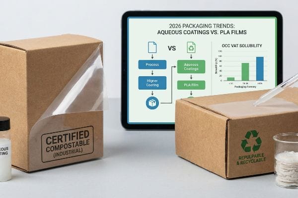 Corrugated boxes: "Certified Compostable (Industrial)", "Repulpable & Recyclable". Tablet shows "Aqueous Coatings vs. PLA Films".