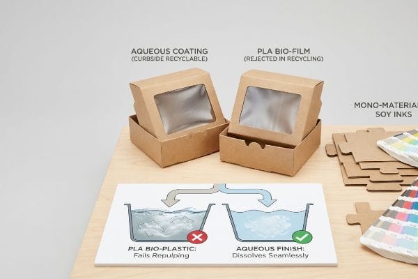 Aqueous vs PLA Recycling Aqueous Coating (Curbside Recyclable) box versus PLA Bio-Film (Rejected in Recycling) box, with a diagram showing Aqueous Finish Dissolves Seamlessly.
