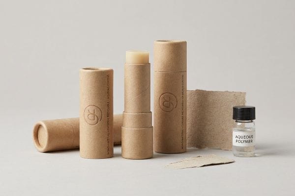 Kraft paperboard lip balm tubes, one open, with 'Home-Material Curbside Recyclable + Aqueous Coating' text, alongside an 'Aqueous Polymer' vial.