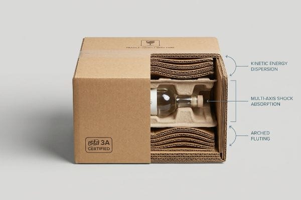 ISTA 3A Certified Packaging Brown corrugated box, ISTA 3A Certified, showing internal Arched Fluting and Multi-Axis Shock Absorption for Kinetic Energy Dispersion protecting a bottle.
