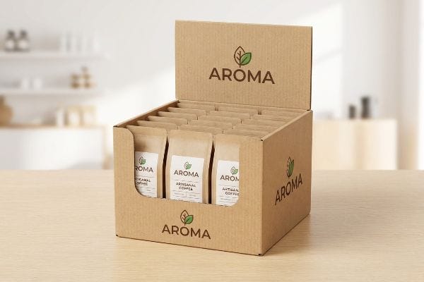 Displaying Aroma Artisanal Coffee, a corrugated retail box holds kraft paper pouches on a wooden table.