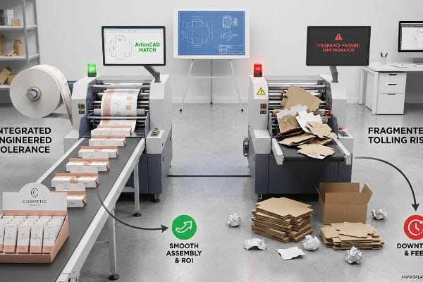 Packaging Tolerance Comparison ArtiosCAD Match ensures smooth cosmetic box assembly; failed line shows Tolerance Failure 2mm Mismatch, fragmented tolling.