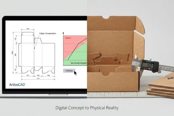 A laptop displays ArtiosCAD dieline and structural integrity graph, alongside a corrugated box with a digital caliper measuring 1.50 mm.