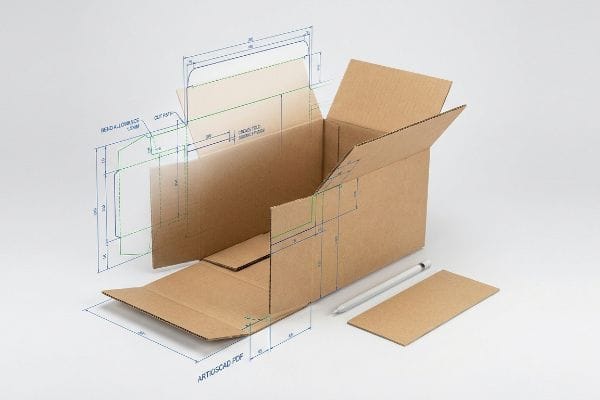 ArtiosCAD Packaging Dieline Corrugated cardboard box with ArtiosCAD PDF structural dieline overlay, detailing bend allowance 1.5mm for packaging design.