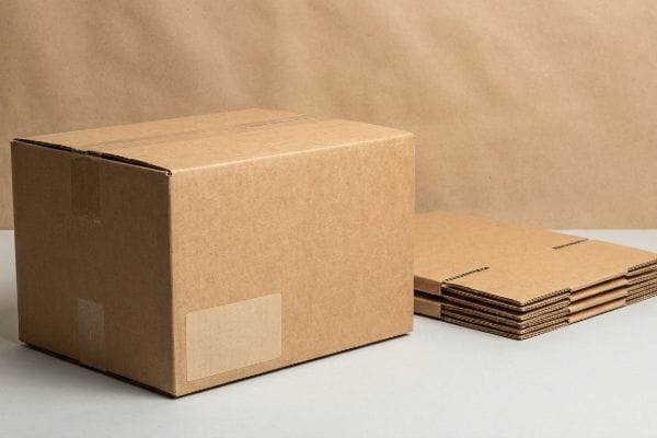 On a light surface, an assembled brown kraft cardboard box sits next to a stack of flat-packed kraft packaging sheets, highlighting efficient shipping and storage.