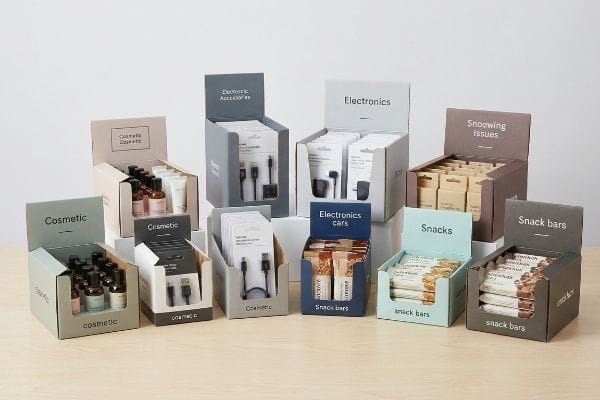 Retail Product Display Boxes Retail display boxes present cosmetics, electronic accessories, and snack bars. Visible labels: 'Cosmetic', 'Electronic Accessories', 'Snacks', 'Snack Bars'.