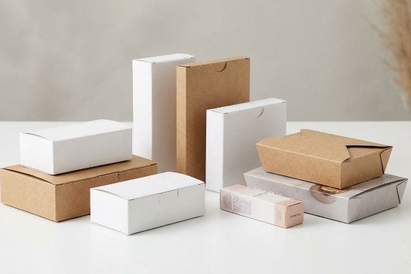 Various white and kraft paperboard folding cartons and boxes displayed on a white surface, showcasing diverse packaging solutions.