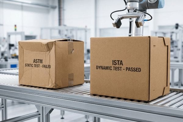 Static Dynamic Test Comparison Cardboard boxes on a conveyor belt, one damaged 'ASTM Static Test - Failed', the other intact 'ISTA Dynamic Test - Passed', under a robotic arm.