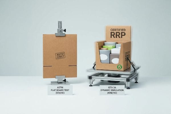 Cardboard sheet with ASTM 32ECT undergoing static ASTM Flat Board Test, alongside a Certified RRP display box on an ISTA 3A Dynamic Simulation platform.