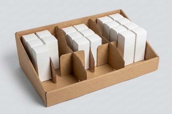 Custom Modular Display Dividers Brown corrugated cardboard display tray with custom modular dividers holding white product boxes in asymmetrical 3-5-7 clusters.