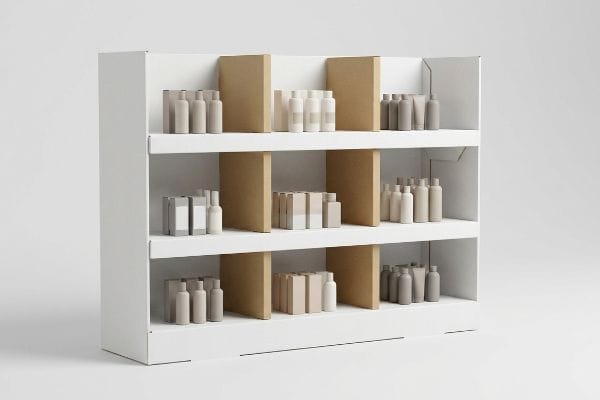 白い段ボール製のエンドキャップディスプレイに、茶色のモジュール式仕切りが取り付けられており、ブランドロゴのないボトルや箱が非対称に配置されています。.