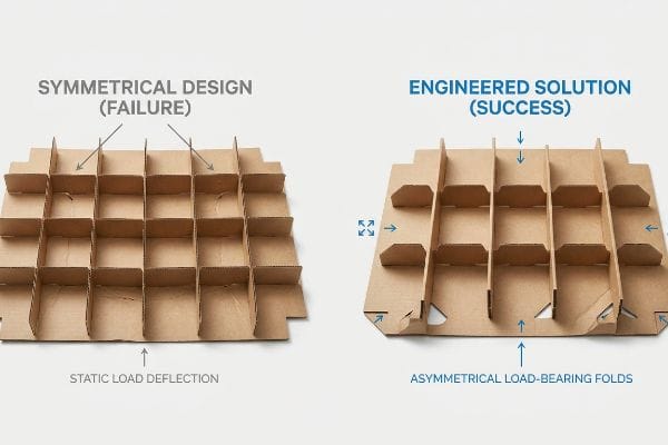 Brown corrugated cardboard inserts comparing a Symmetrical Design (Failure) with Static Load Deflection to an Engineered Solution (Success) featuring Asymmetrical Load-Bearing Folds.