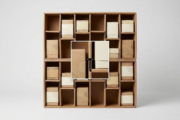 Natural brown corrugated modular retail display filled with soap boxes, featuring light labels and subtle patterns, asymmetrical dividers.