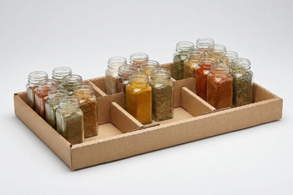 Asymmetrical Spice Jar Tray Brown corrugated tray with modular dividers showcasing asymmetrical clusters of glass spice jars, optimized for retail-ready packaging.