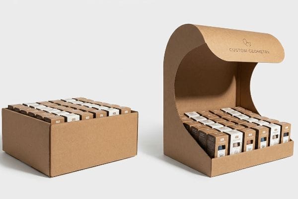 Custom Geometry Display Kraft corrugated cardboard display with an asymmetrical swooping die-cut curve header, branded 'Custom Geometry', presenting rows of small product boxes.