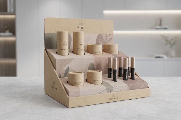 Aura Beauty Display Stand Kraft paper cosmetic display for Aura Beauty and Revitalize, featuring Aura Primary, Revitalize creams, and mascaras.