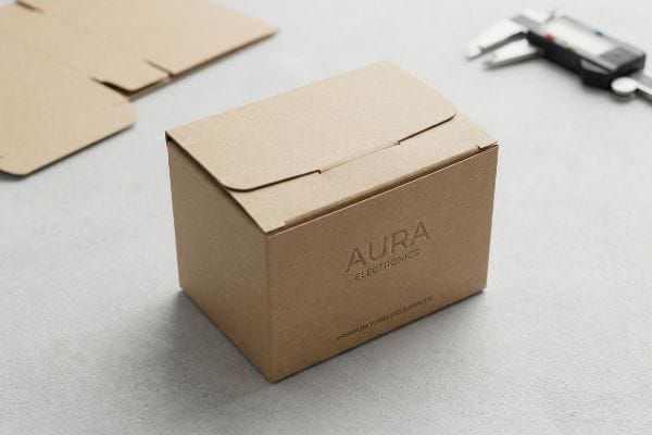 Aura Electronics Packaging A brown kraft paper tuck box for Aura Electronics Premium Wireless Earbuds, featuring embossed branding and a digital caliper.