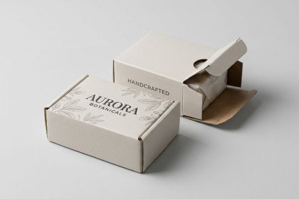 Custom Botanical Soap Boxes Two custom light beige boxes for Aurora Botanicals, one closed with a botanical logo, the other open revealing 'Handcrafted' text.