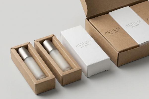 Arrangement of Aurum Lip Care packaging, featuring frosted glass bottles in kraft inserts and white cardboard boxes.