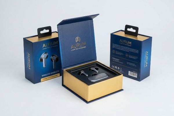 Упаковка беспроводных наушников Aurum Упаковка беспроводных наушников Aurum Luxury Tech Accessories темно-синего цвета с золотыми акцентами, на ней изображена открытая коробка с серебристыми наушниками и зарядным кейсом, а также две закрытые коробки.