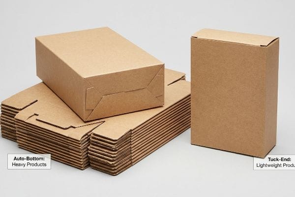 Brown folding cartons showcase two styles: an assembled Auto-Bottom box for Heavy Products and a Tuck-End box for Lightweight Products, with flat auto-bottom boxes.