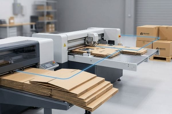 Automated cardboard box manufacturing machine processing corrugated sheets into custom Brand-branded packaging boxes.