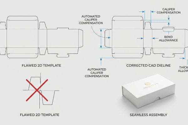 Caliper Compensation Dieline Automated Caliper Compensation corrects Flawed 2D Template into a CAD Dieline for seamless chocolate box assembly.