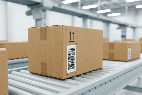 E-commerce Box Conveyor System Brown corrugated cardboard box with barcode and 'This Way Up' arrows on an automated roller conveyor, crucial for e-commerce logistics.