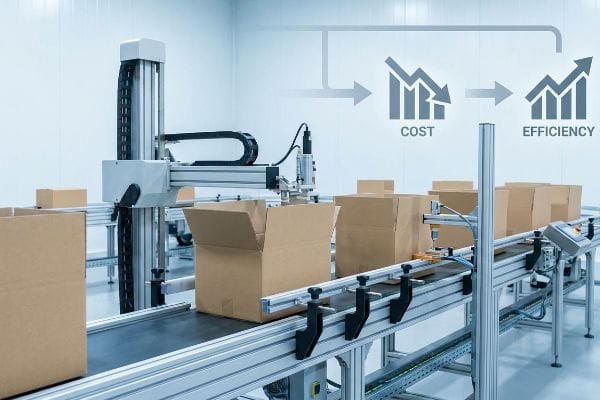 Automated Packaging Efficiency An automated packaging line features a robotic arm placing cardboard boxes on a conveyor belt, illustrating reduced Cost and increased Efficiency.