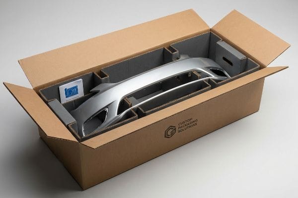 Custom Bumper Packaging Solution Corrugated box with custom gray foam inserts protecting a silver car bumper, featuring Custom Packaging Solutions logo.