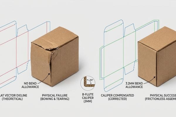Bend Allowance Comparison Corrugated boxes: physical failure (bowing, tearing) from no bend allowance vs. successful assembly with 3.2mm bend allowance. B-Flute Caliper (3mm).