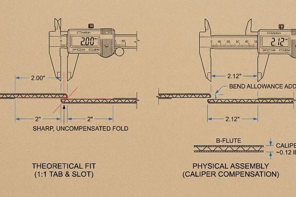 Corrugated Caliper Compensation Corrugated board diagrams compare theoretical 2.00-inch tab fit to physical 2.12-inch assembly with bend allowance, illustrating B-flute caliper compensation of approximately 0.12 inches.