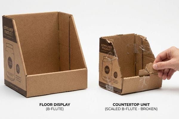 Brown B-flute corrugated floor display and a broken, taped 'Consumer Product' Countertop Unit, showing scaled B-flute damage.