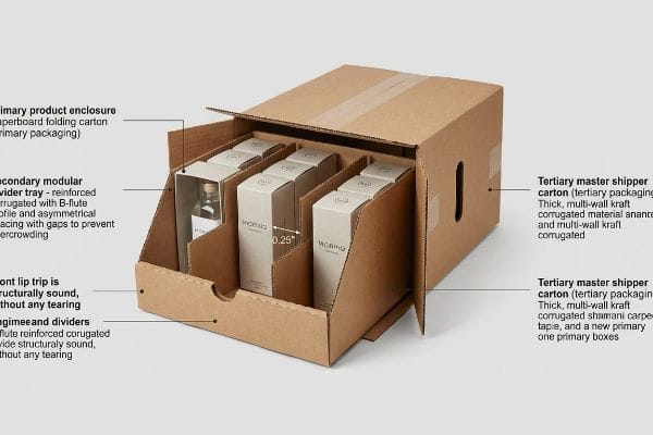 Packaging System Spacing Brown corrugated tertiary shipper carton with B-flute modular divider tray, holding Morbius primary boxes and bottle, 0.25-inch spacing.