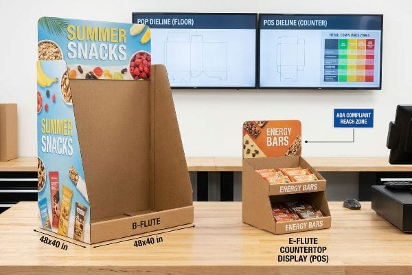 POP POS Display Comparison B-Flute 48x40 inch floor POP display and E-Flute countertop POS display for snacks, showing ADA compliance.