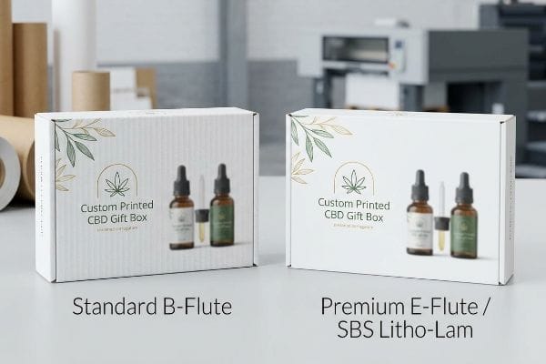 مقارنة بين أنواع مزمار الصندوق CBD علب هدايا CBD مطبوعة حسب الطلب من نوع Standard B-Flute و Premium E-Flute/SBS Litho-Lam، تعرض اختلافات في ملمس السطح للصبغات.